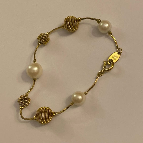 Trifari Jewelry - Vintage Signed Trifari Gold Tone Faux Pearl Bracelet Dainty Wedding Bride Gift